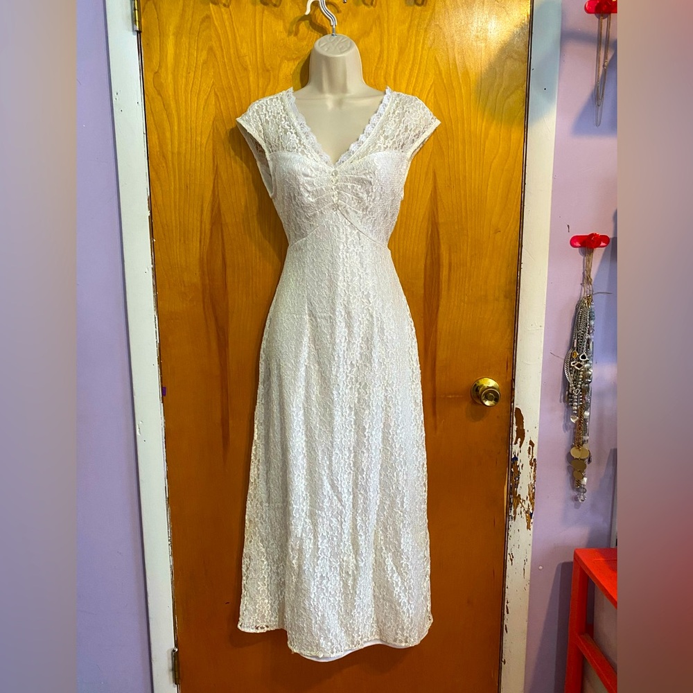 VTG JONI BLAIR tea length formal dress,lined white lace,cap sleeves,crystals,5